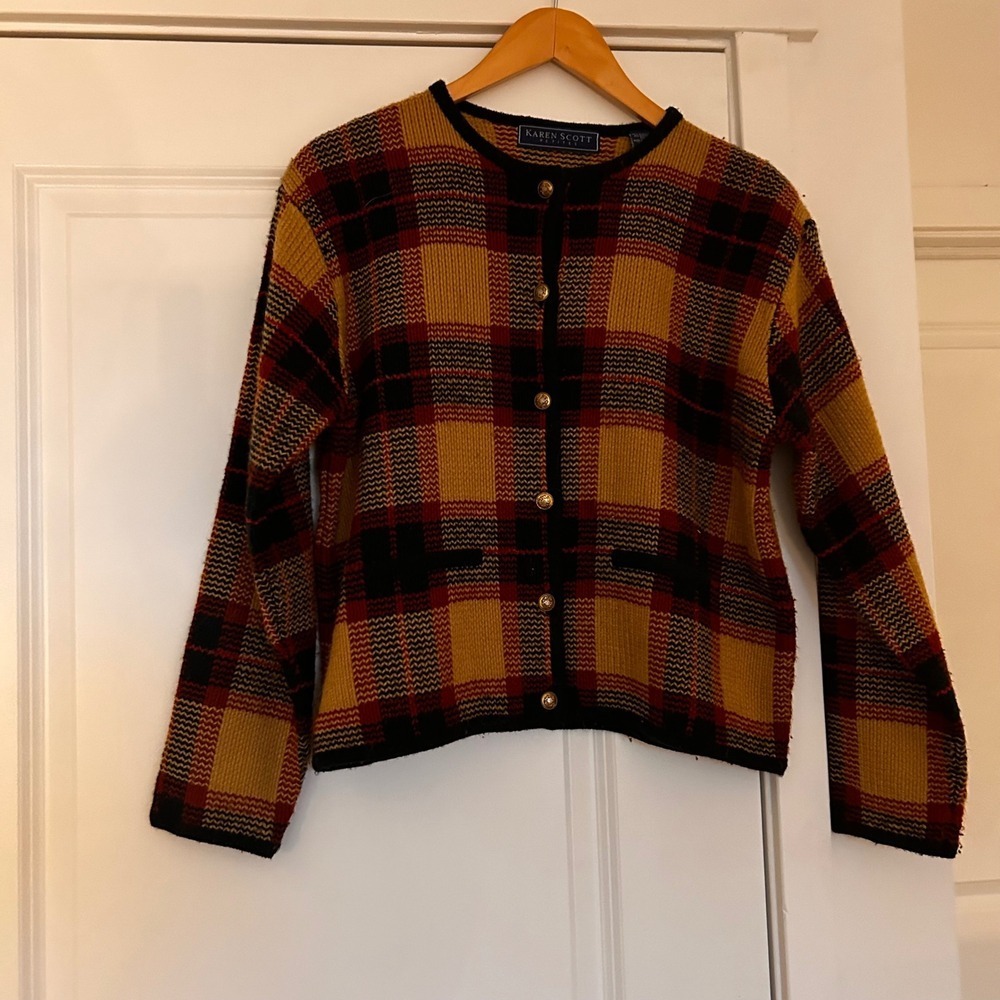 Vintage 90s‎ Old Money Preppy Tartan Plaid Cardigan Sweater Women's LP Granola